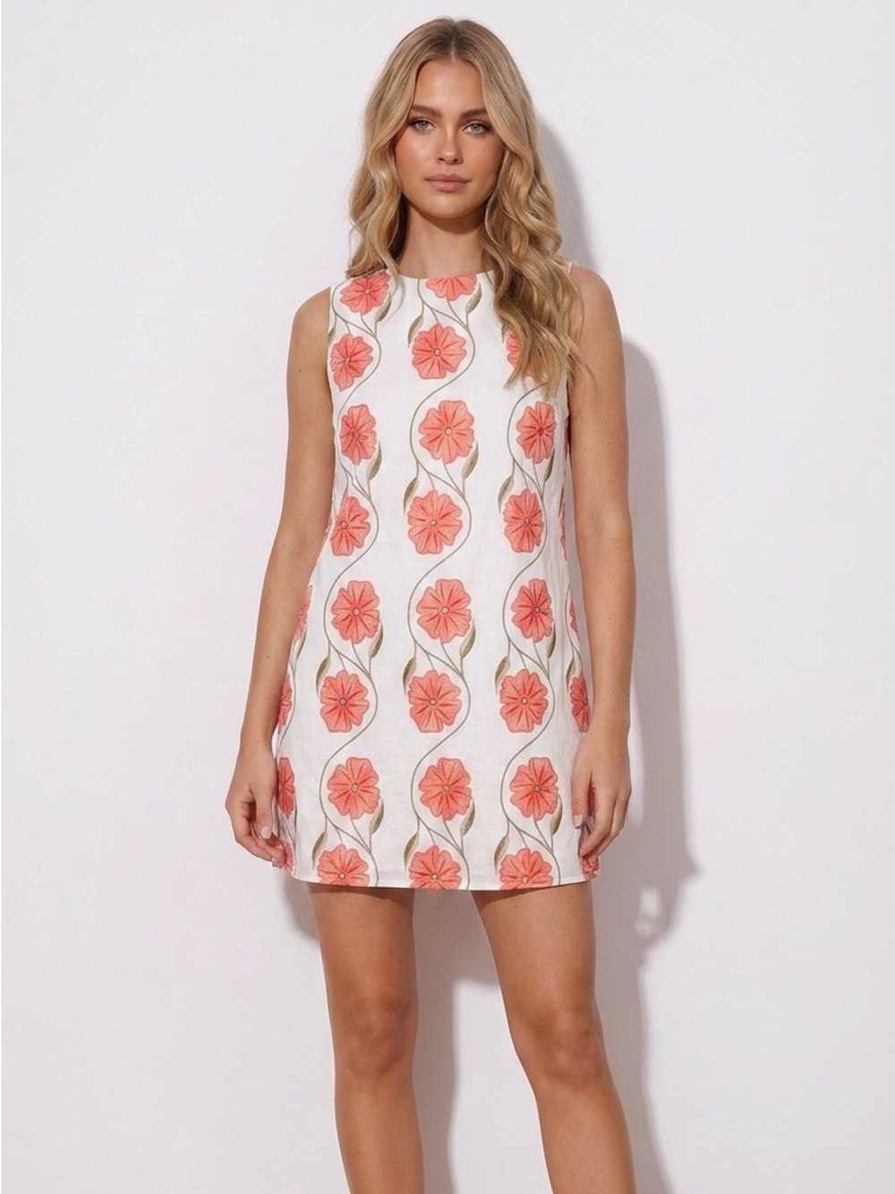 Sleeveless White Shift Dress with Coral Floral Embroidery